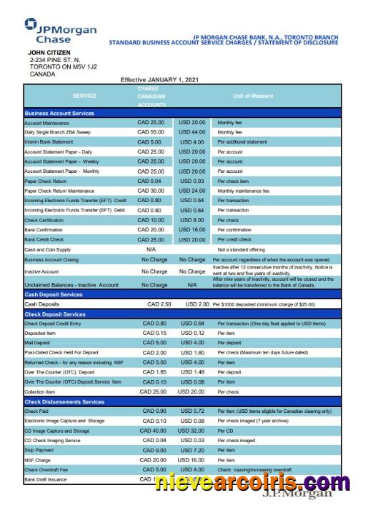 Canada JP Morgan Chase proof of address bank statement in Excel and PDF format (AutoSum)